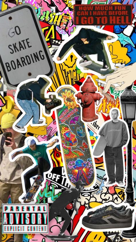 #skateboarding #skateboard #skaterboy #collage #funcolors #idkwhatimdoing Aesthetic Wallpaper Skateboard, Krooked Skateboards Wallpaper, Skateboard Aesthetic Wallpaper Vintage, Skateboard Wallpapers, Skateboard Collage, Creature Skateboards Wallpaper, Skater Wallpaper, Skateboard Photoshoot, Collage Notebook