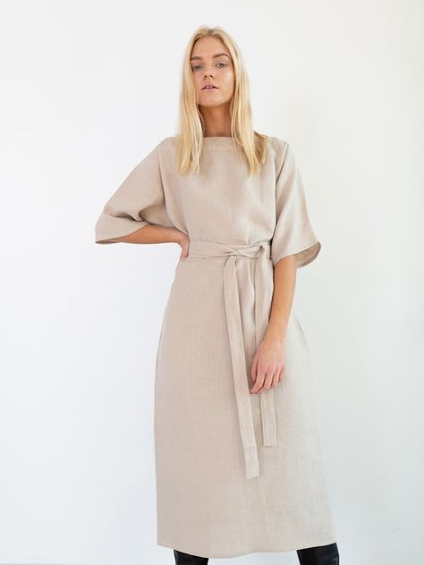 Handmade Linen Linen Wedding Dress, Kimono Sleeve Dress, Linen Kimono, Dress Kimono, Linen Tunic Dress, Linen Clothing, Belted Midi Dress, Dress Handmade, Wide Leg Linen Pants