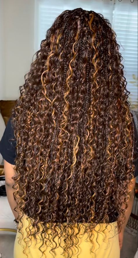 Ombre Knotless Boho Braids, Boho Braids Brown And Black, Honey Boho Braids, Goddess Braids Honey Brown, Black And Honey Brown Boho Braids, Honey Brown Braids With Curls, Honey Goddess Braids, Honey Brown Boho Braids, Braids With Highlights For Black Women