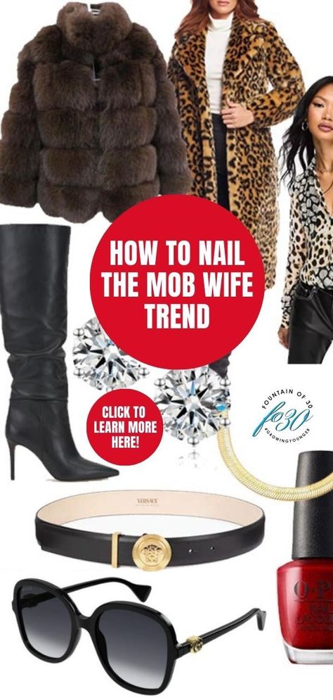 Here is how to style the mob wife aesthetic for women over 50 with faux furs, animal prints, jewelry, leather and designer accessories. #trends #over50 #mobwife Mob Wife Accessories, Mob Wife Jewelry, Mob Wives Aesthetic, Aesthetic Outfits Plus Size, Mob Wife Aesthetic, Wife Clothes, Wife Aesthetic, Met Gala Dresses, Wife Style