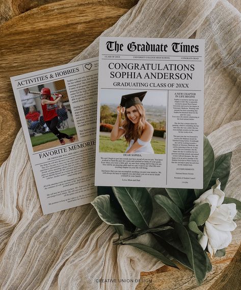 Celebrate the graduate with this great editable Newspaper template. This also makes a great keepsake for the grad! No special software required! Easy to edit and print! PLEASE NOTE: This purchase is for a digital template. No physical item will be shipped. * * * * * TRY BEFORE YOU BUY * * * * * https://www.corjl.com/d/4ECFB * * * * * MATCHING ITEMS * * * * * Build Your Own Bundle and save 60% when you purchase 5 or more items! Go to our shop home page and search: Newspaper Or simply click here: Home Graduation Party, Newspaper Graduation, Graduation Celebration Ideas, Grad Ideas, Aesthetic Grad Invites, Cute Grad Party Invites, Classy Graduation Party, Graduation Party Ideas, Newspaper Graduation Announcement