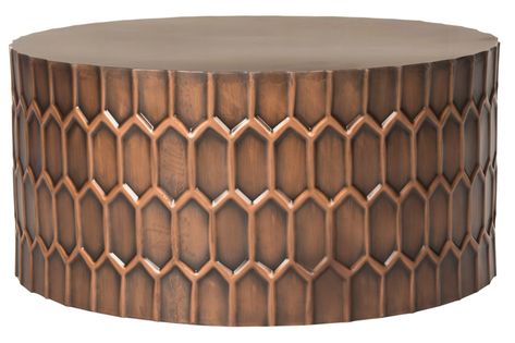 Antique Finish Coffee Table | Ashley Furniture HomeStore Copper Coffee Table, Safavieh Furniture, Drum Coffee Table, Coffee Table Furniture, Iron Coffee Table, Drum Table, Contemporary Coffee Table, Honeycomb Design, Coffee Tables For Sale