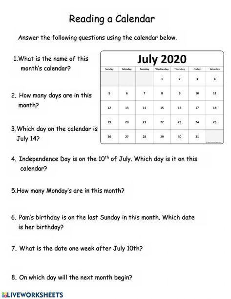 Reading a Calendar worksheet Calendar Worksheets First Grade, Time And Calendar Worksheet Class 2, Worksheet On Time For Grade 2, Calendar Worksheet For Grade 1, Calendar Worksheets 2nd Grade, Time Worksheets For Grade 1, Math Worksheets For Grade 1, Calendar Questions, Worksheets For Grade 1