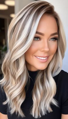 Blond And Platinum Highlights, Womens Hair Highlights Blonde, Hair Color Ideas With Peekaboos, Platinum Blonde Hair With Light Brown Lowlights, Blonde Fall Transition Hair, Blonde For Gray Hair, Blond Hair With Dark Lowlights, Dramatic Hair Color For Blondes, Light Brown With Platinum Highlights