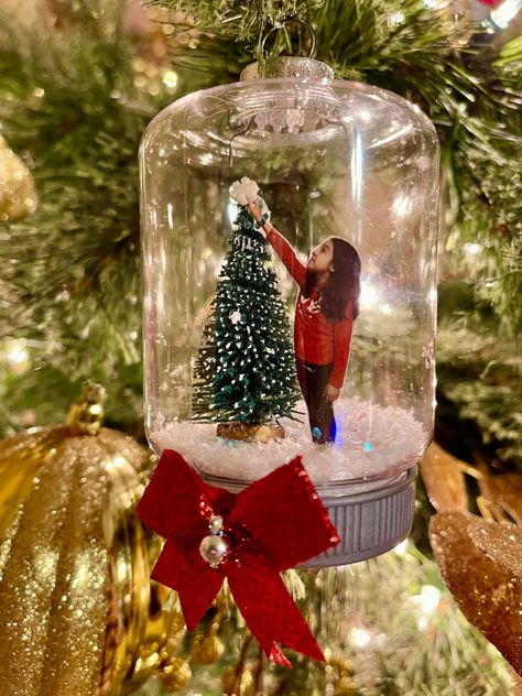 Dollar Tree Snow Globe Jar Ornament (Photo) - Crafty Morning Snow Globe Ornament, Snow Globe Crafts, Crafty Morning, Globe Crafts, Xmas 2022, Diy Snow Globe, Photo Christmas Ornaments, Globe Ornament, Preschool Christmas