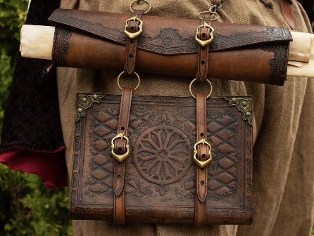 Medieval Leather Accessories, Leather Armor Aesthetic, Leatherwork Aesthetic, Druid Accessories, Renfaire Aesthetic, Fantasy Satchel, Renfaire Accessories, Ren Faire Belt, Medieval Leather Armor