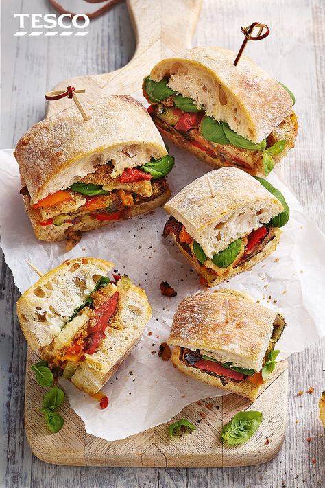 Rustle up a tasty snack straight from the freezer with these easy ciabatta sandwich bites. Just bake frozen roasted veg and mozzarella sticks to make a tasty Mediterranean-style filling for crusty ciabatta rolls. | Tesco Ciabatta Bread Ideas, Ciabatta Sandwich, Tuna Sandwich Recipes, Ultimate Sandwich, Vegetarian Sandwich Recipes, Bread Ideas, Tesco Real Food, Ciabatta Bread, Recipe Vegetarian