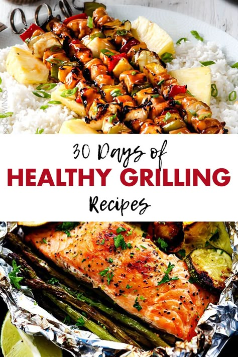 30 healthy dinner recipe ideas, all of which can be made on the grill! Perfect for summer family dinners and entertaining. #healthygrilling #healthyeating #grillingrecipes Recipes Salmon, Healthy Grilling Recipes, Grilled Dinner, Healthy Summer Dinners, Summer Grilling Recipes, Healthy Grilling, Summer Recipes Dinner, Grilled Chicken Recipes, Healthy Delicious