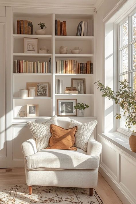 Small Window Ideas Living Room, Coffee Nook Seating Ideas, Front Room Reading Area, Bright Home Design, Living Room Corner Nook, Reading Nook Armchair, Sitting Nook In Living Room, Neutral Scandinavian Living Room, Reading Corner By Window