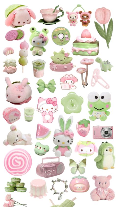 Collage, pink and green. kawaii Aesthetic Collage Template, Kawai Sticker Printable, Green Printable Stickers, Cute Stickers Printable Kawaii, Pink Stickers Printable, Kawaii Collage, Green Cutecore, Collage Material, Pink And Green Phone Theme