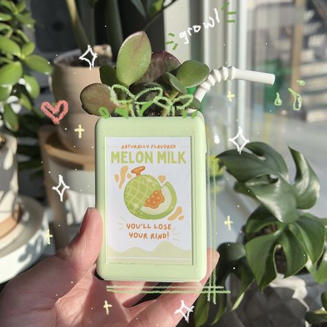 Propagated jade plant in a mini melon milk planter bought on Etsy. 3d printed with a straw accessory. Cute, fun, colorful, and aesthetically pleasing decor for bedroom and house. Great for plant lover Mini Milk Carton, Melon Milk, Cute Milk, Juice Carton, Jade Plant, Mini Milk, Milk Box, Jade Plants, Milk Carton