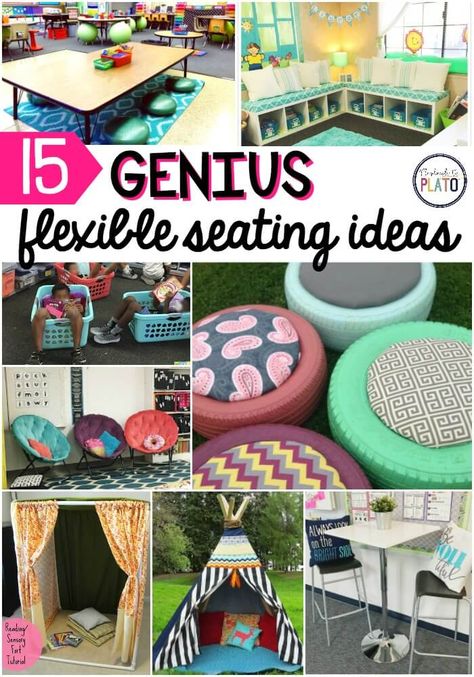 15 genius Flexible Seating Ideas! Awesome inspiration for the flexible seating classrooms when teachers go back to school in the fall! Flexible Seating Ideas, Flexible Seating Kindergarten, Classroom Seating Arrangements, Library Seating, Flexible Seating Classroom, Classroom Arrangement, Alternative Seating, Diy Seating, Classroom Seating