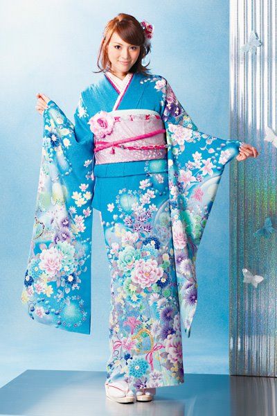 Pretty Sky Blue Furisode with Colorful Floral Print Kimonos, Japanese Traditional Clothes, Furisode Kimono, Cute Kimonos, Kimono Japan, 일본 패션, Yukata Kimono, Blue Kimono, Kimono Design