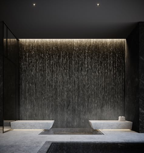 Water Interior Design Concept, Waterfall Interior Design, Indoor Waterfall Wall, Spa Waterfall, Water Feature Wall, Spa Interior Design, Spa Lighting, Indoor Waterfall, Water Wall