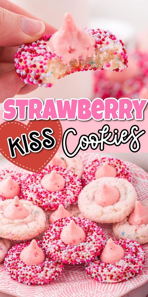 Valentine Cookies Recipe Easy, Valentine Hershey Kiss Cookies, Valentine Kiss Cookies, Cookies Recipes Valentines Day, Valentine’s Day Cookie Recipe, Homemade Valentine Cookies, Valentines Cake Cookies, Valentines Sweets Recipes, Strawberry Blossom Cookies