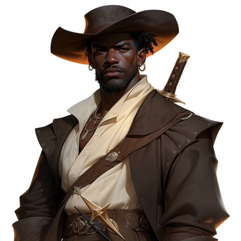 Black Cowboy Art Western, Black Gunslinger Art, Black Cowboy Concept Art, Half Orc Cowboy, Archeologist Character Art, Black Cowboy Character Design, Spectator Dnd, Black Pirate Art, Medieval Character Design Male