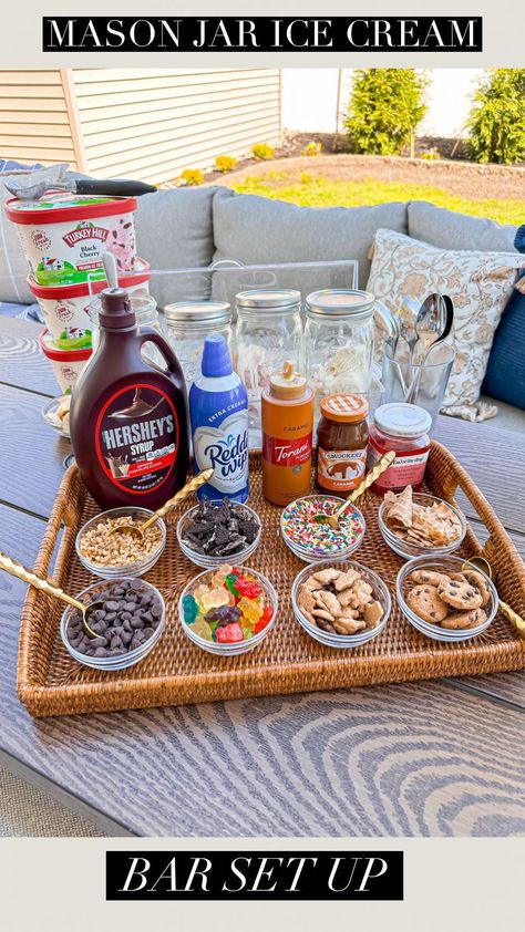 Tara Panasiuk | ICE CREAM SUNDAE MASON JAR BAR 🍦 Comment “ICE CREAM” to be sent all the items used for this and a list of topping ideas 🩷 A fun way to… | Instagram Sundae Board Ideas, Ice Sundae Bar Ideas, Essen, Food And Drink Bar Ideas, Brownie Ice Cream Sundae Bar, Make Your Own Ice Cream Sundae Bar, Mini Ice Cream Bar, Ice Cream Sandwich Bar Ideas, Ice Cream Bar For Kids