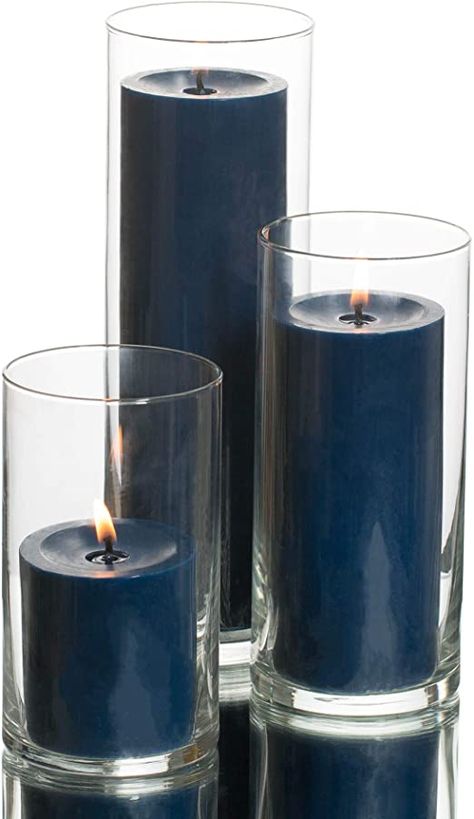 Amazon.com: Richland Set of 3 Glass Eastland Cylinder Vases and 3 Navy Blue Pillar Candles 3": Home & Kitchen Navy Candles, Navy Blue Bathroom Decor, Dark Blue Candles, Navy Blue Rooms, Blue Pillar Candles, Navy Blue Bathrooms, Navy Blue Decor, Cylinder Candles, Blue Bathroom Decor