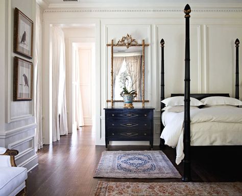 bedroom - all white linen, Turkish rug on wooden floor + our dark wood bed Home Office, Home Office Design, Small Flats, Mirror On The Wall, Bedroom Inspo, Bed Room, Small Apartments, White Walls, Office Design