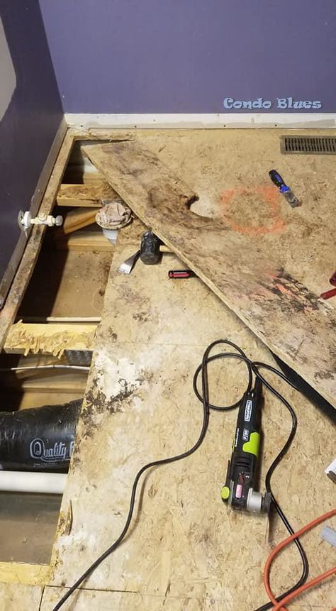 Condo Blues: How to Remove a Damaged or Moldy Subfloor House Gutting, Mobile Home Floor Repair, Subfloor Replacement, Fixing Subfloor, Replacing Subflooring Diy, Replace Rotted Bathroom Floor, How To Remove Mold From Basement Walls, How To Repair Loose Floor Tile, How To Replace Subfloor In Mobile Home