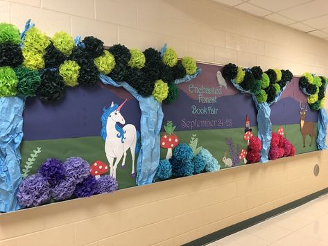 Bulletin board idea for Scholastic’s Fall 2018 Enchanted Forest Book Fair Enchanted Forest Library Decor, Book Fair Fall Theme, Book Week Room Display, Enchanted Forest Display, Enchanted Forest Library Theme, Enchanted Forest Classroom Theme Bulletin Boards, Magic Bulletin Board Ideas, Book Fair Bulletin Board Ideas, Fairy Bulletin Board