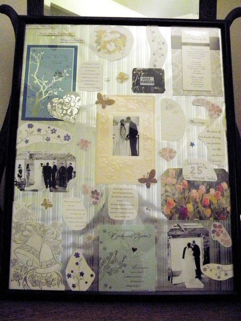 I thought it was silly to keep all of our cards from our wedding in a box forever, when some are quite beautiful. So, I decided to make a collage with bits and pieces from our cards and some wedding pics. I bought a poster frame from Walmart, used silver wrapping paper for the background, and stuck everything on with double-sided tape. Much nicer to have these on display rather than in a box taking up storage space! Wedding Card Keepsake Ideas, Card Keepsake Ideas, Wedding Card Keepsake, Wedding Cards Keepsake, Wedding Party Dress Guest, Collage Idea, Card Collage, Memory Collage, Keepsake Ideas