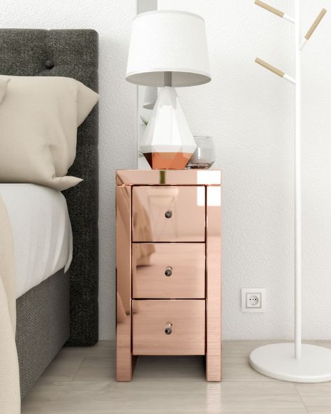 This unique nightstand table using high quality rose gold colored glass as finishing materials which bring an elegant and glamorous glow to any bedroom. Not only able to be used as a nightstand table, this table can also be used as an end table or sofa side table as well. Rose Gold Furniture Bedrooms, Rose Gold Nightstand, Rose Gold Interior Design, Room Cool Ideas, Dream Bedroom Luxury, Rose Gold Bed, Rose Gold Furniture, Wooden Bed Side Table, Bed Side Table Design