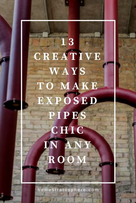 Paint pipes in vibrant colors. #pipes #exposedpipes #decorideas #design #room Hiding Pipes Under Bathroom Sink, Hiding Plumbing Pipes On Wall, Exposed Plumbing Bathroom, Boxing In Pipes Ideas, Laundry Room Hanging Ideas, How To Paint Behind A Toilet, Laundry Room Hanging, Under Sink Plumbing, Exposed Basement Ceiling