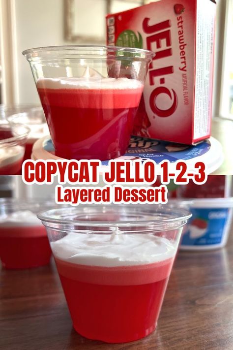 Two photo collage of Copycat Jello. Top photo is the Jello dessert in a clear cup on top of a tub of Cool Whip next to a box of Strawberry Jello. The bottom photo is a photo is the jello dessert finished in a clear plastic cup. Easy Jello Desserts, Jello Deserts, Sheet Pan Pizza, Salad Copycat, Jello Dessert, Layered Jello, Jello Cups, Jello Dessert Recipes, Lemon Crinkle Cookies