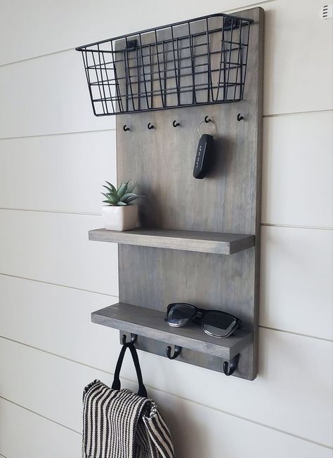 19 Entryway Key Holder Ideas to Keep Your Home Organized - Addicted To Organization Wall Holder Decor, Concealed Key Storage, Industrial Key Holder, Hallway Key Storage Ideas, Key And Coat Hanger Ideas, Key And Mail Holder Entryway Diy, Entryway Purse Holder, Key And Leash Holder, Key And Sunglass Holder Entryway