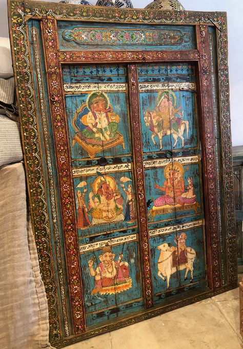 Vintage indian door, set of doors, indian doors, Recycled Teak Wood, antique doors, Painted door,  hindu figures Hindu Interior Design, Indian Vintage Interior Design, Indian Crafts Traditional, Vintage Doors Interior, Indian Door Design, Door Illustration Design, Indian Vintage Home Decor, Indian Furniture Traditional, Antique Wooden Doors