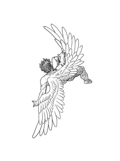 Icarus Line Art, Behind Knee Tattoo, Greek Mythology Line Art, Engraving Style Tattoo, Icarus Tattoo Design, Icarus Tattoo, Atlas Tattoo, History Tattoos, Zodiac Tattoos