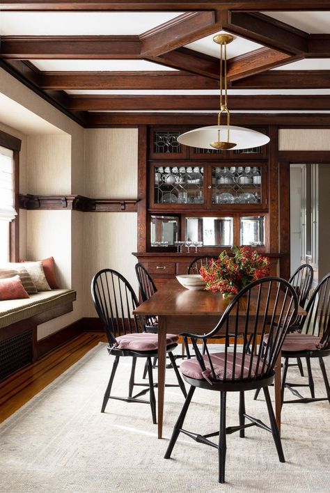 Stairs In Dining Room, Craftsman House Interior, Craftsman Interior Design, Heidi Caillier, Cottage Craftsman, Craftsman Dining Room, Craftsman Interiors, 1920s Bungalow, Craftsman Home Interiors