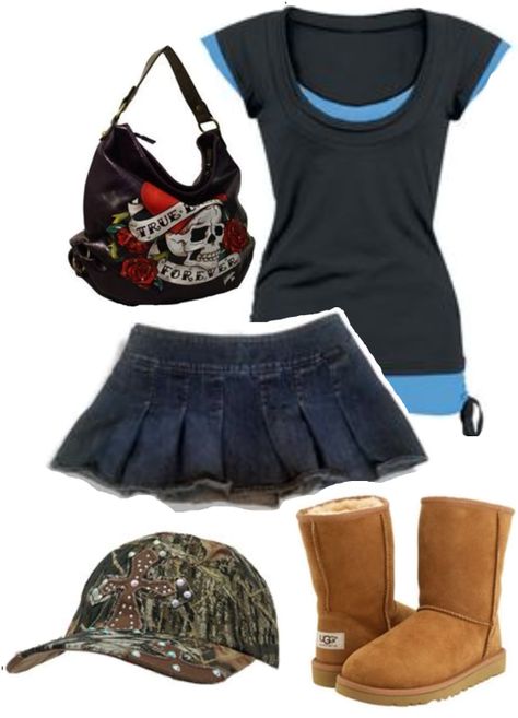 Uggs 2000s Outfit, Ed Hardy Boots Outfit, Ed Hardy Hat Outfit, 2000s Layering Outfits, Grunge Ugg Outfit, 2000s Ugg Outfit, Layered 2000s Outfits, Denim Mini Skirt Outfit 2000s, Uggs Outfit Y2k