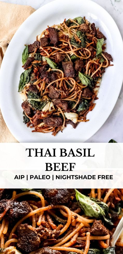 Thai Basil Beef Recipe, Basil Beef, Paleo Beef Recipes, Thai Basil Beef, Paleo Pasta, Autoimmune Recipes, Autoimmune Paleo Recipes, Aip Paleo Recipes, Paleo Main Dishes