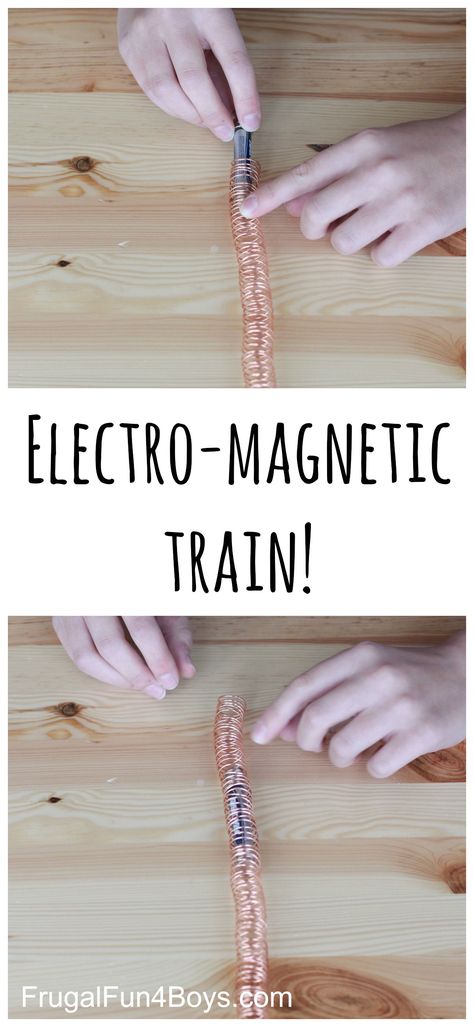 Here is an interesting project for kids that explores both electricity and magnetism – build a simple electromagnetic train! This intriguing video has been making it’s way around Facebook… it’s a simple electric “train” made out of coiled copper wire and a train car comprised of a battery with magnets on both ends.  It was … Electricity And Magnetism, Science Electricity, Physics Projects, Science Projects For Kids, Kids Science, Project For Kids, Science Activities For Kids, Electric Train, Stem For Kids