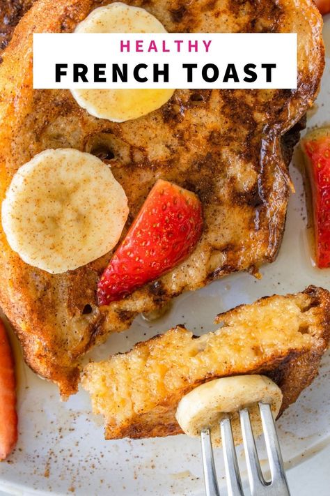 This Healthy French Toast is easy to make in 10 minutes using 6 ingredients. It's the perfect breakfast or brunch. Healthy French Recipes Clean Eating, 30 Minute Breakfast Recipes, Mediterranean French Toast, Banana For Breakfast, 10 Min Breakfast Ideas, Healthy Protein French Toast, Low Calorie French Toast, Healthier French Toast, Paleo French Toast