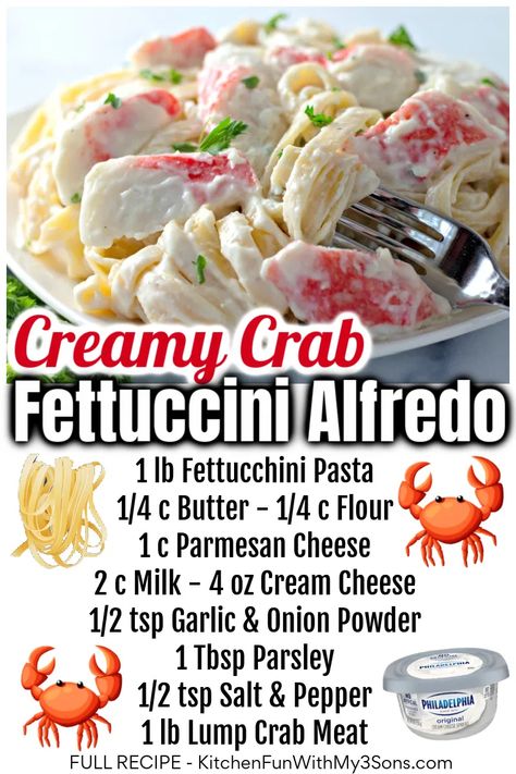 Crab Fettuccine Alfredo, Crab Fettuccine, Crab Alfredo, Fettuccini Alfredo, Crab Pasta, Sea Food Salad Recipes, Crab Meat Recipes, Creamy Crab, Crab Dishes