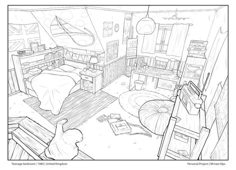 ArtStation - Teenage Bedroom | Design & Linework Bedroom Environment Concept Art, Drawing Bedroom Sketches, Bedroom Base Drawing, Manga Room Drawing, Messy Bedroom Drawing, Bedroom Reference Drawing, Artist Room Ideas Bedroom, Bedroom Design Sketch, Bedroom Design Drawing