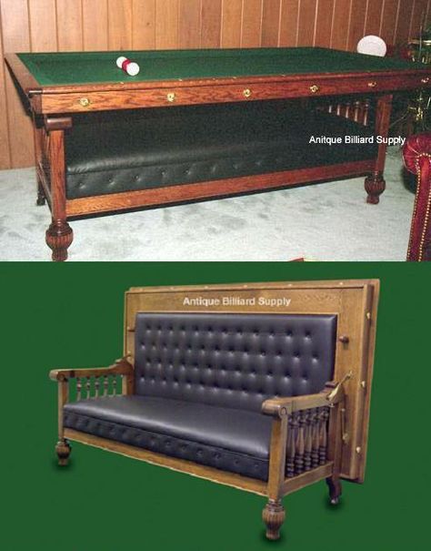 #2-06 Rare Brunswick antique pool table in the form of a combination couch and billiard table. Constructed in the 1800s of solid oak with “acorn” designs on the legs. Back folds down easily to form 7-foot regulation billiard table. Slate playing surface with adjustable leveling devices. Folding Pool Table, Antique Pool Tables, Billard Table, Pool Table Sizes, Pool Table Games, Antique Billiards, Table Redo, Table Couch, Pool Table Room