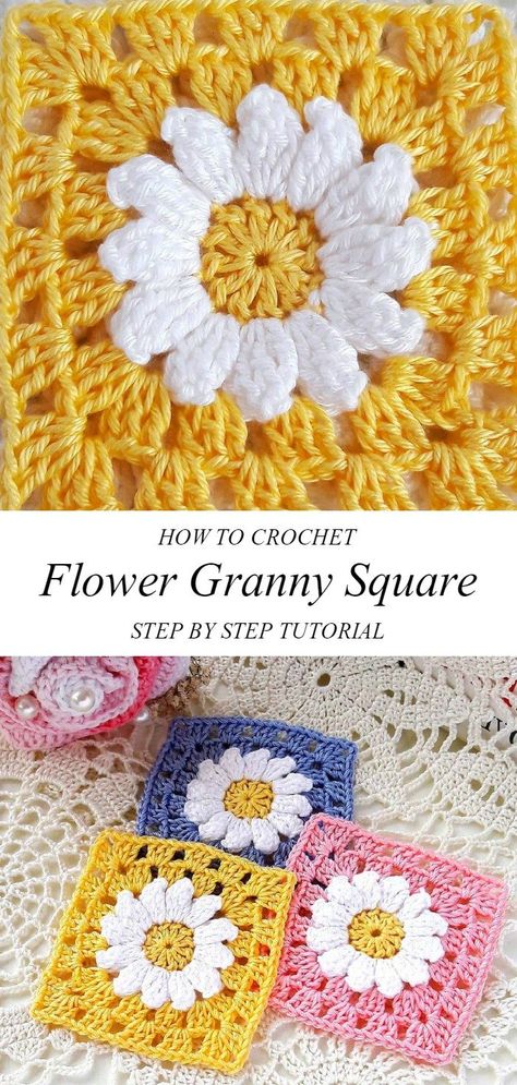 Crochet Daisy Flower Granny Square Daisy Granny Square Crochet Pattern, Simple Flower Granny Square Pattern Free, Crochet Flower Granny Square Blanket, Granny Square Flower Crochet Pattern, Daisy Granny Square Pattern Free, Daisy Granny Square Pattern, Daisy Crochet Pattern, Flower Granny Squares, Crochet Flower Granny Square