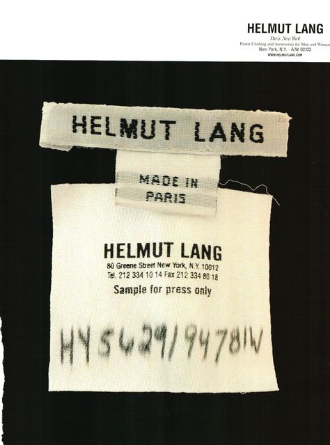 This Helmut Lang Ad Helmut Lang Campaign, Esmod Paris, Photo Vintage, Clothing Tags, Textiles Fashion, Tag Design, Woven Labels, Print Ad, Clothing Labels