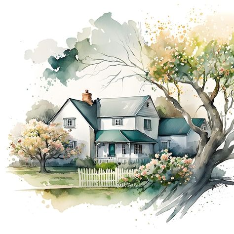 Photo a watercolor painting of a house w... | Premium Photo #Freepik #photo #real-estate-illustration #real-estate-house #housing-estate #house Forest Cottage, Painting Decor, House Illustration, Autumn Painting, Country Cottage, Junk Journals, Premium Photo, Beautiful Paintings, Digital Planner