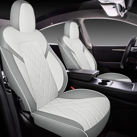 PRICES MAY VARY. Designed to Fit: This Seat Cover Set is designed to fit the 2020 - 2022 Tesla Model Y 5-Seat model, this set will NOT fit the 7-Seat model Y. This Seat Cover set is measured and tailored with the original Model Y seats for the best fitment and driving comfort UPGRADE YOUR CAR INTERIOR WITH STYLE: Our premium Leatherette Seat Covers come in different colors and style, the complete Seat Cover set include covers for both front seats and rear bench seat. Protect the new seats or cov White Car Accessories, Grey Car Interior, Car Seat Cover Design, White Seat Covers, Car Seat Covers Full Set, Jeep Cj7, Leather Car Seat Covers, Leather Seat Covers, Tesla Model Y