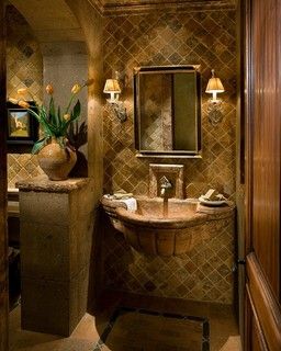 Rustic Bathroom Tuscan Powder Room, Tuscan Bathroom Ideas, Tuscan Bathroom Decor, Tuscan Bathroom, Tuscany Decor, Wood Bathroom Vanity, Tuscan Design, Washroom Design, Cheap Bathrooms