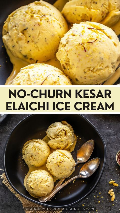 Easy No-Churn Kesar Elaichi Ice Cream made using only 5 ingredients! Flavored with lots of cardamom and saffron, the ice cream base comes together in 10 minutes only. Persian Ice Cream Recipe, Cardamom Ice Cream, Persian Ice Cream, Indian Deserts, Gelato Recipes, Indian Ice Cream, Butterscotch Ice Cream, Saffron Recipes, Honey Ice Cream