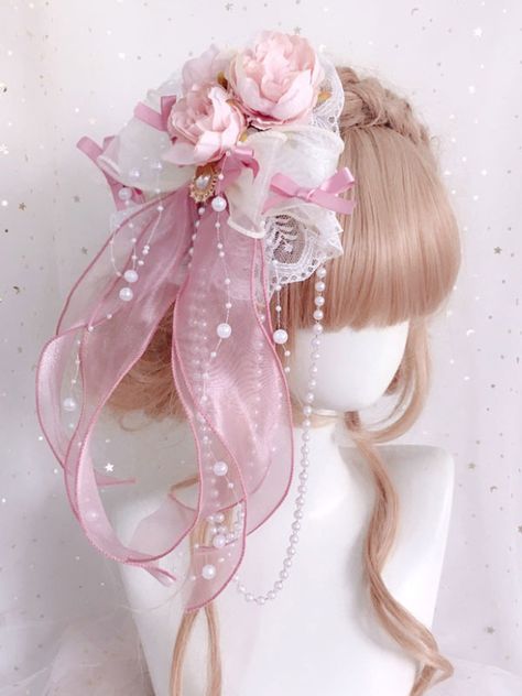 Chinese Style Lolita Accessories Green Pearls Bows Flowers Polyester Fiber Accessory Miscellaneous - Lolitashow.com Fancy Bows, Pink Head, Kawaii Hairstyles, Retro Costume, Kawaii Accessories, Green Pearls, Clothing Inspiration, Head Accessories, Fantasy Jewelry