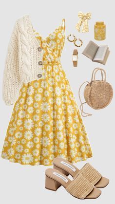 Summer Church Outfit, Aesthetic Cardigan, Woman Tips, Church Outfit, Modesty Outfits, Cute Modest Outfits, Beauty Aesthetic, Sundress Dress, Dress Yellow