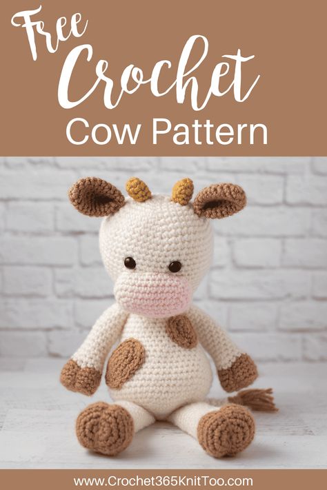 Crochet Animals Free Patterns Cow, Caroline The Cow Crochet Pattern, Crochet Simple Cow, Crochet Pattern For Cow, Crochet Cow With Overalls, Crochet Cow Stuffed Animal Free Pattern, Crochet Cows Animal, Crochet Mini Farm Animals, Crocheted Farm Animals