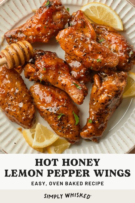 Move over buffalo, we've got a new chicken wing sauce in town. These hot honey lemon pepper chicken wings are baked until crispy and topped with a homemade hot honey sauce that takes these wings to the next level, adding a delightfully sweet and zesty kick to every bite. Electric Honey Wing Sauce, Hot Honey Lemon Pepper Chicken, Hot Honey Lemon Pepper Wings, Honey Lemon Pepper Chicken, Honey Chicken Wings Recipe, Honey Lemon Pepper Wings, Homemade Hot Honey, Honey Soy Chicken Wings, Chicken Wing Sauce